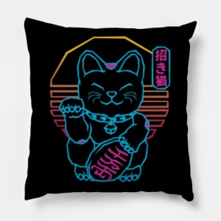 Maneki Neko Japanese Lucky Cat Retrowave 80s Aesthetic Pillow