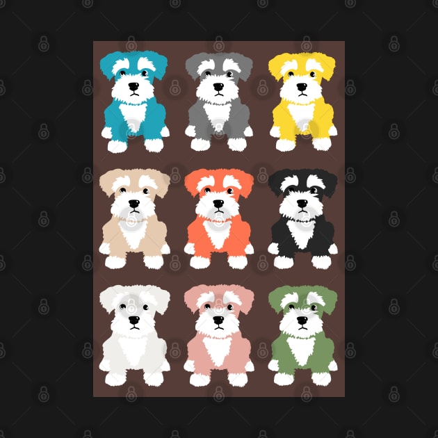 Rainbow of Miniature Schnauzer Dogs on Chocolate Brown  Background by NattyDesigns