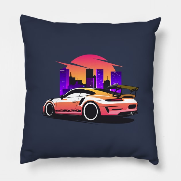 Orange GT3 RS in city skyline Pillow by KaroCars