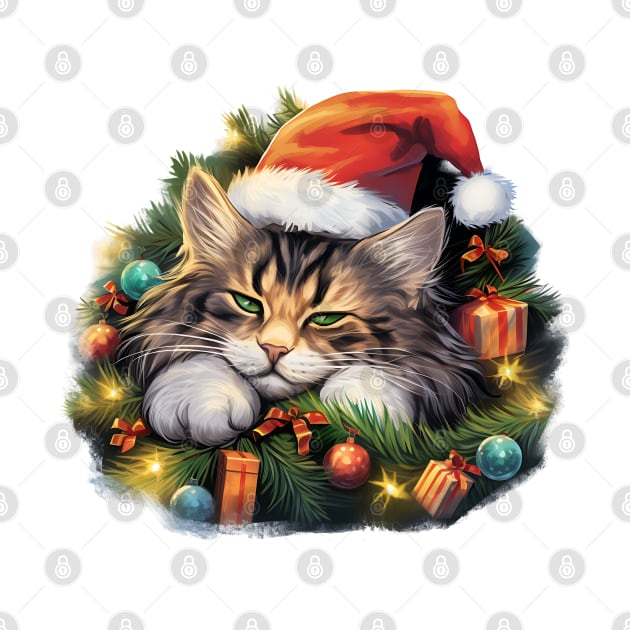 Lazy Norwegian Forest Cat At Christmas by Chromatic Fusion Studio