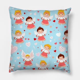 Angels blue decor pattern, angels gift ideas,pink hearts gift ideas Pillow