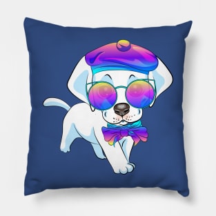 Labrador Retriever dog in sunglasses, bow and beret Pillow