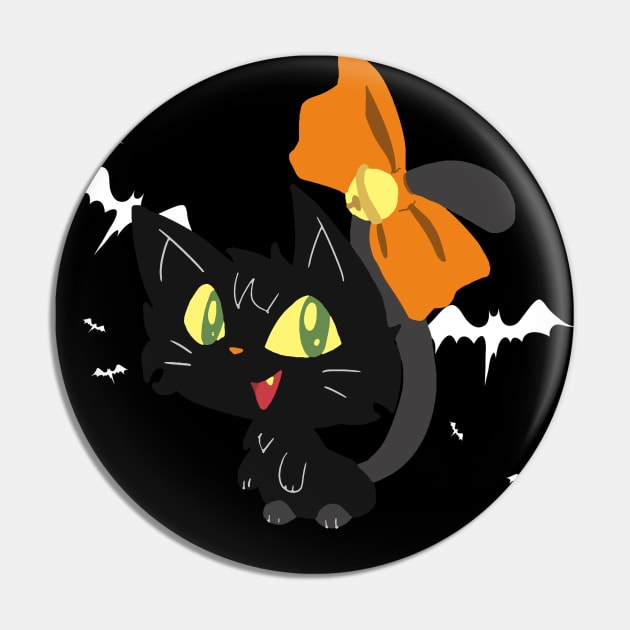 "Happy Halloween" Orange Bow Black Cat Pin by saradaboru