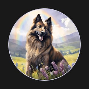 Belgian Tervuren Memorial Rainbow Bridge Colorful Dog Art T-Shirt