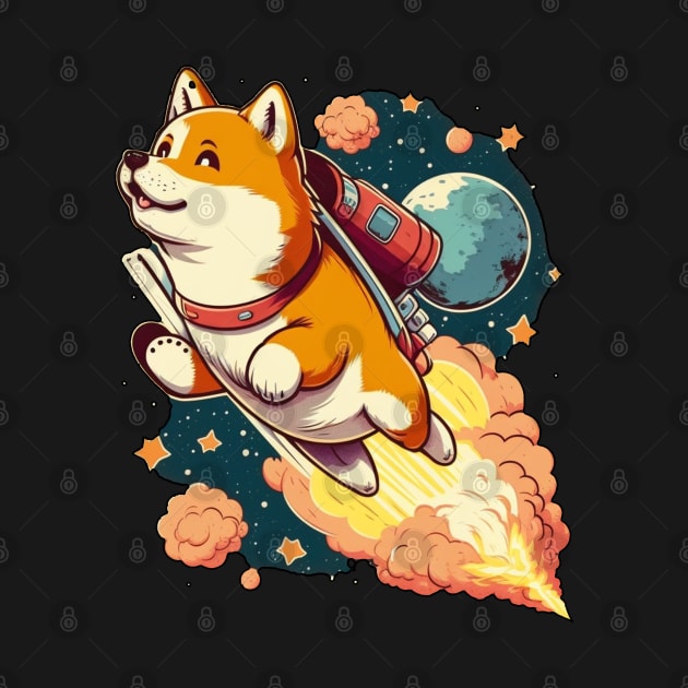 shiba inu flying into space with a rocket by bmron