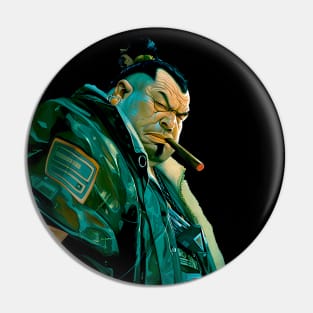 Puff Sumo 2: Smoking a Fat Cigar in a Dystopian City Scene on a dark (Knocked Out) background Pin