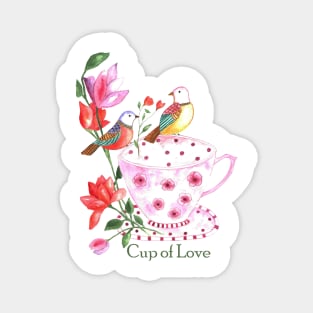 Cup of love, red and yellow birds on a pink floral cup Magnet