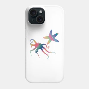 Happy Little Sea Creatures, Rainbow Colors, Octopus and Starfish Duo, Digital Illustration Phone Case