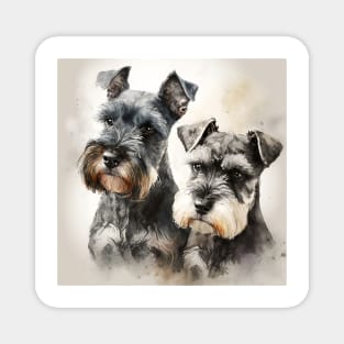 Two Miniature Schnauzers Playing Watercolour Painting Magnet