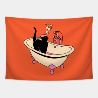 Spa Day Black Cat in orange Tapestry