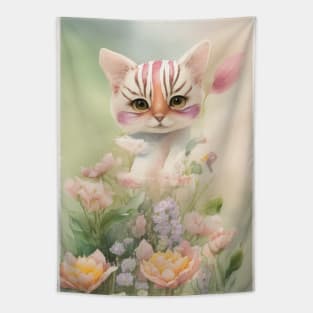 Cute Cat in the Flower Garden Soft Pastel Colors Tapestry