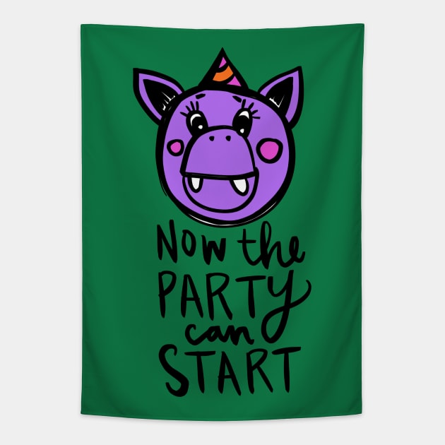 Now The Party Can Start Monster: Weird Funny Hippo Or Manatee Tapestry by Tessa McSorley