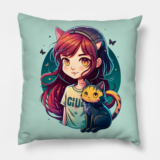 Girl & Cat Kawaii Anime Retro Cat Lover Pillow by Ai Wanderer