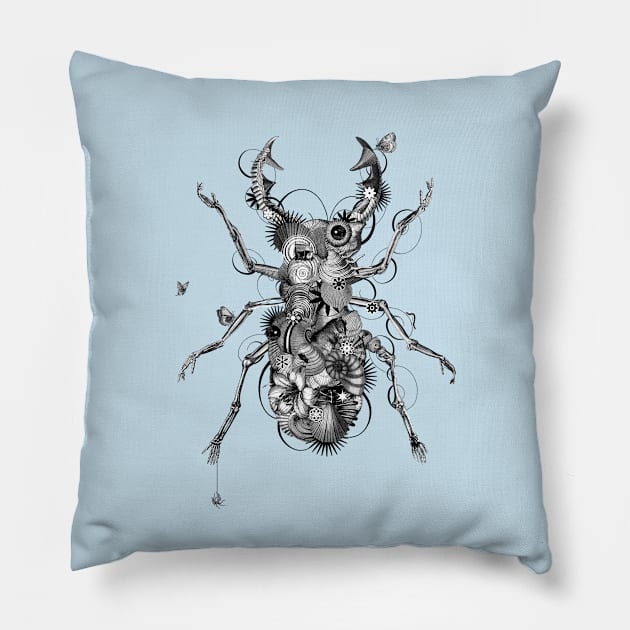 Stag Beetle b/w Pillow by The Nature of Things