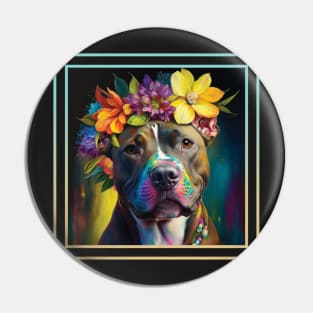 Sweet American Staffordshire Pit Bull Vibrant Flower Digital Oil Painting Portrait Pin