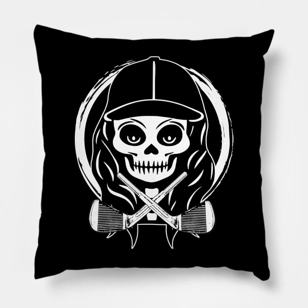 Female Golfer Skull and Golf Clubs White Logo Pillow by Nuletto