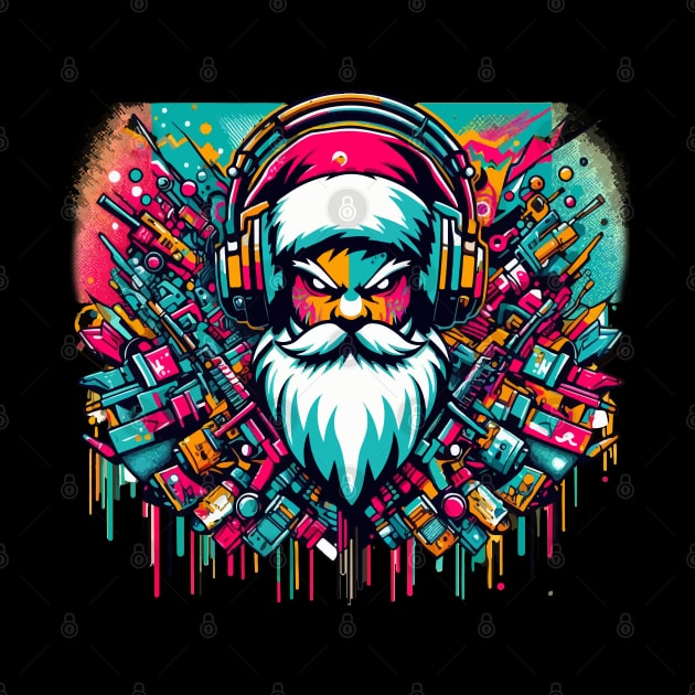 Santa Claus with headphones on his ears listening to music by T-Shirt Paradise