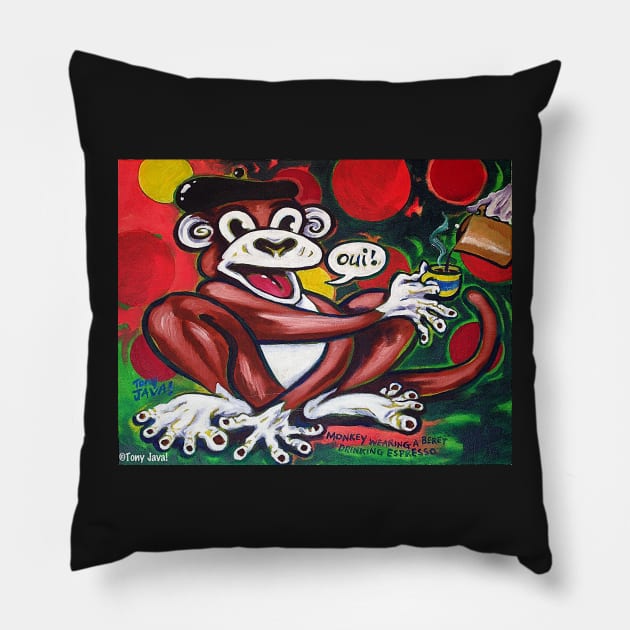 'Monkey Wearing a Beret Drinking Espresso' Pillow by jerrykirk