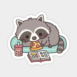 Cute Raccoon With Pizza Bubble Tea And Manga Magnet