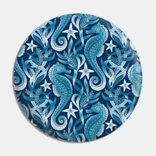 Monochrome Blue and White Seahorses and Starfish Pattern Pin