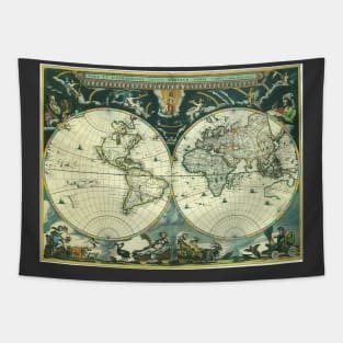 Antique Old World Double Hemisphere Map by Joan Blaeu, 1662 Tapestry