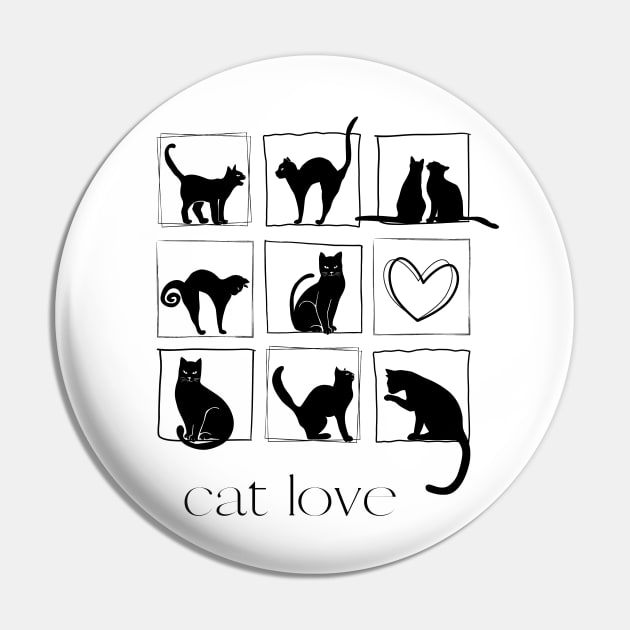 Nine black cats in square frame and one heart Pin by Artpassion