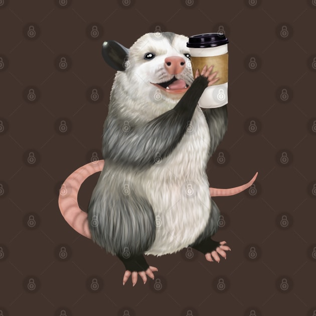 Opossum drinking a cup of coffee by Mehu Art