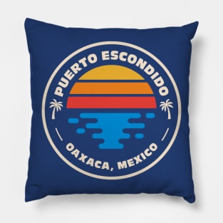 Retro Puerto Escondido Oaxaca Mexico Vintage Beach Surf Emblem Pillow