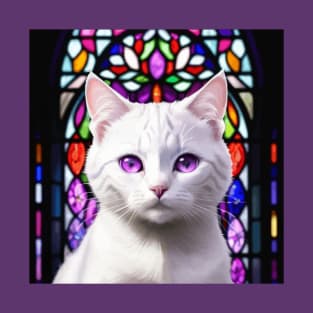 Sad White Cat with Purple Eyes in Front of Stained Glass T-Shirt