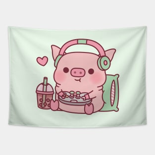 Cute Gamer Pig Loves Playing Video Games Tapestry