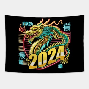 GOLDEN YEAR OF THE DRAGON 2024 80'S NEON VIBE RETRO Tapestry