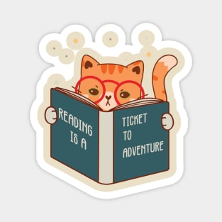 Reading is a ticket to Adventure, Cute Cat design, Kitty reader, bookworm Magnet