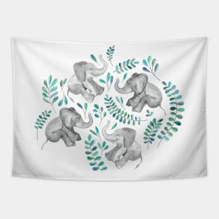 Laughing Baby Elephants – emerald and turquoise Tapestry