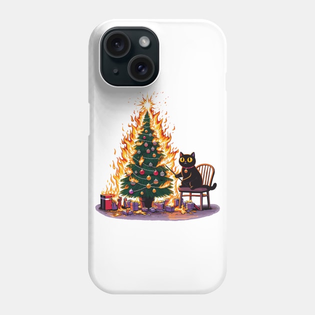 Black Cat Burning Christmas Tree Phone Case by katzura