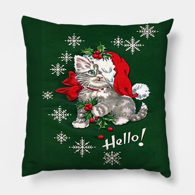 Cute Kitten Red Bow Snowflakes Pillow by tfortwo