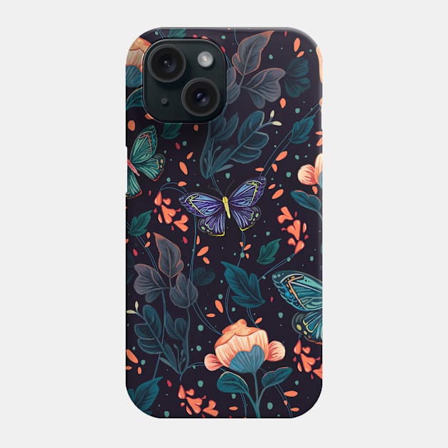 Butterflies and plants night elegant seamless pattern handmade illustration painting Phone Case by astronauticarte