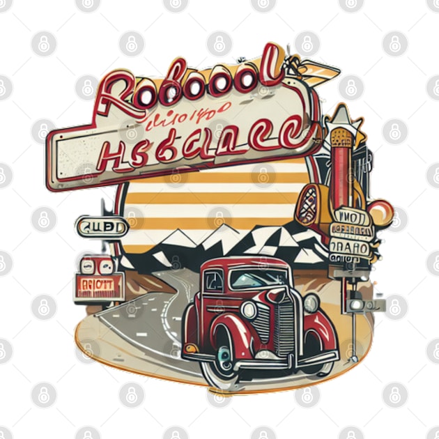 A graphic that captures the vintage vibe of a classic road trip, complete with iconic roadside attractions and retro typography. by maricetak