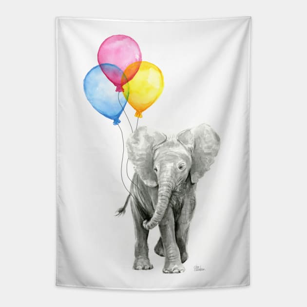 Baby Elephant Watercolor with Balloons Tapestry by Olechka