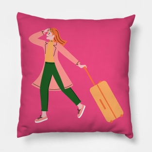 Happy Woman Solo Traveler with Luggage Pillow