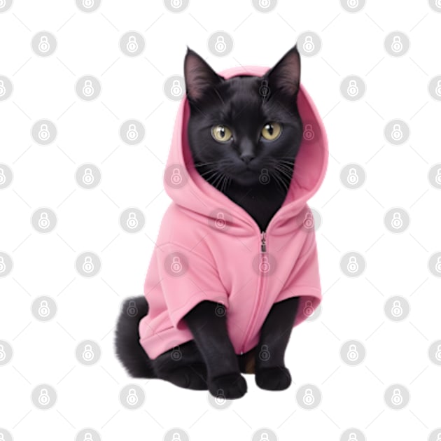 Cute black cat wearing pink hoodie by Luckymoney8888