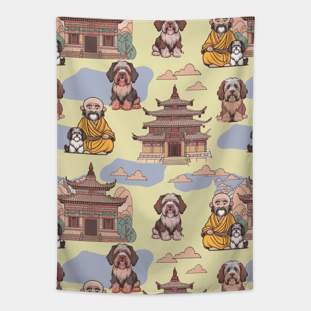 Tibetan terrier and monk Tapestry by Remotextiles