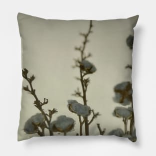 Macro view of natural grey blue cotton balls with three twigs leaning against the white wall  in the corner Pillow