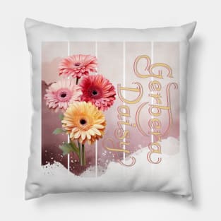 Vintage Gerbera Daisy and intricate text.  Background with watercolor art Pillow