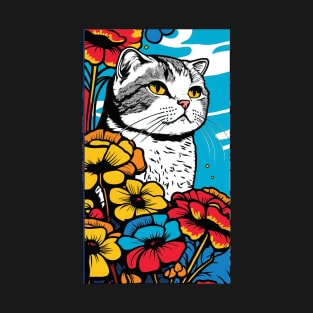 Scottish Fold Cat Vibrant Tropical Flower Tall Retro Vintage Digital Pop Art Portrait 3 T-Shirt