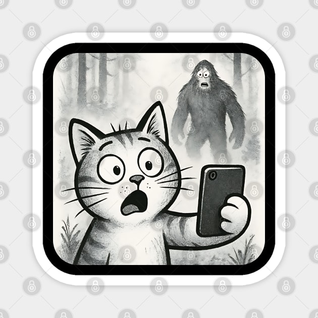 Cat Bigfoot Gift for Women, Men & Kids, Scared Cat Selfie with Sasquatch Magnet by Pixel Threads 