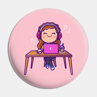 Cute Woman Listening Music On Laptop With Headphone Pin