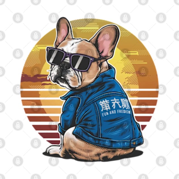 A vibrant vector illustration of a French Bulldog wearing sunglasses and a blue jean jacket, embodying a carefree by YolandaRoberts