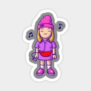 Cool Girl Listening Music With Earphone Cartoon Magnet