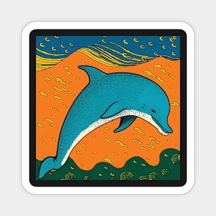 Dolphin in orange, green and teal sea Magnet