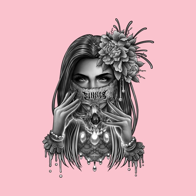 Skull Mask and Peony Flower by LillyRise